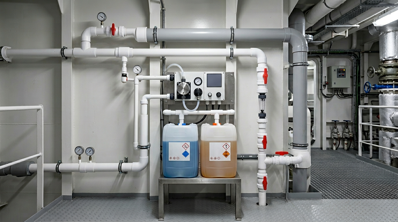 Vacuum toilet cleaning setup with pump and chemical jerrycan